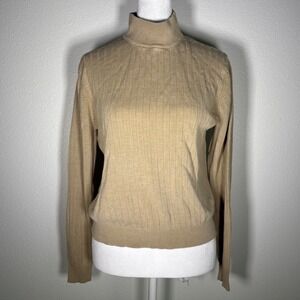 100% Silk Tan Beige Fall Ribbed Mock Turtleneck Long Sleeve Sweater XL Womens